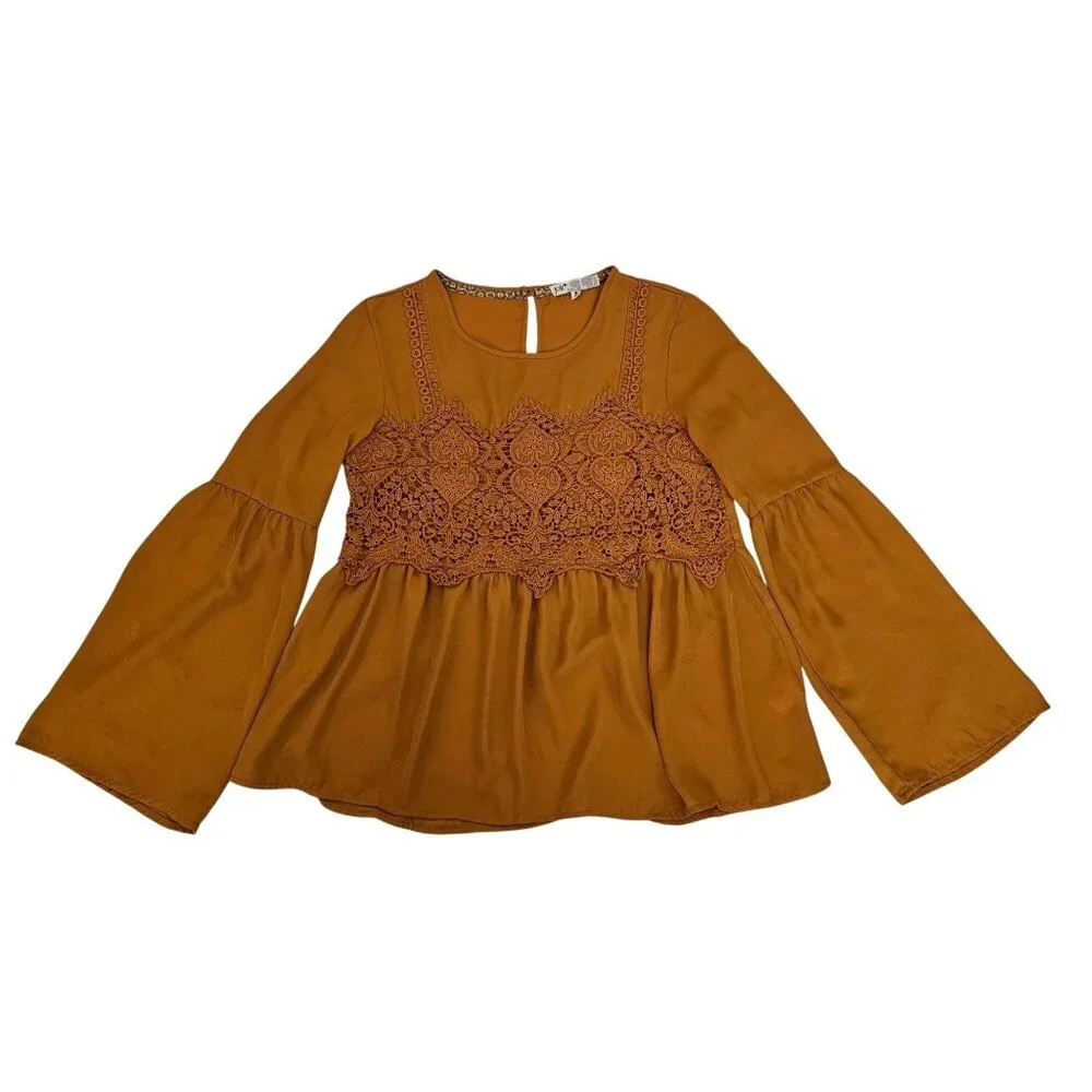 Jolt Rust Orange Crochet Lace Detail Bell Sleeve Peasant Style Blouse Sz Medium - Picture 2 of 12
